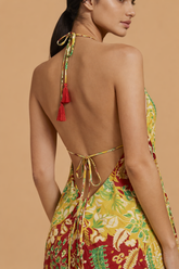 Backless Gold Paisley Silk Long Dress