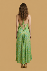 Backless Green Paisley Silk Long Dress