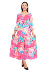 Pink Marble Flared Long A-Line Tier Dres