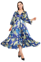 Blue Floral Flared Long Tier Dress with Strings