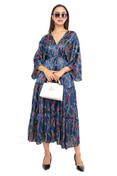 Blue Chain Flared Long Tier Dress with Strings