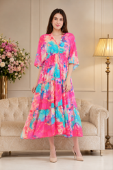 Pink Marble Flared Long Tier Dress with Strings