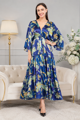 Blue Floral Flared Long Tier Dress with Strings