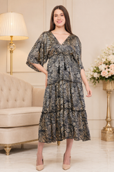 Black Marble Flared Long Tier Dress with Strings