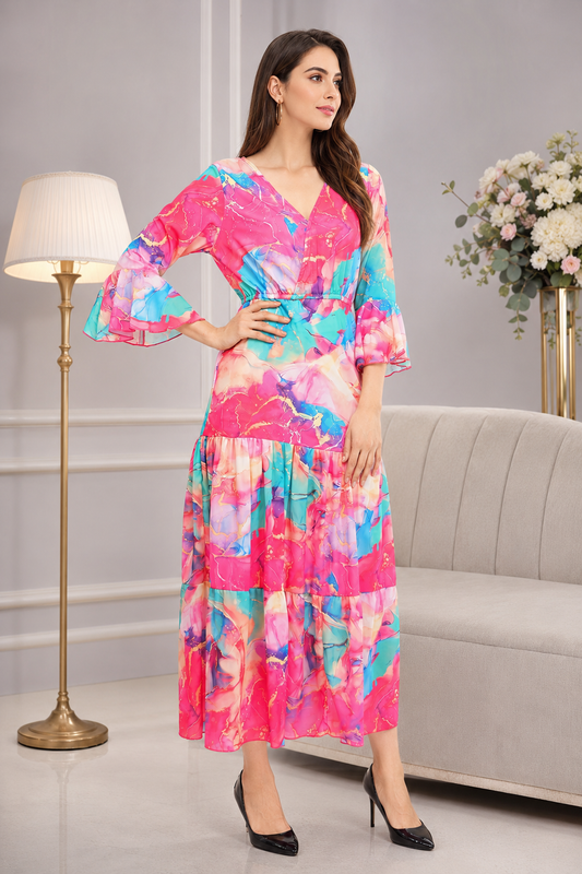 Pink Marble Flared Long A-Line Tier Dres