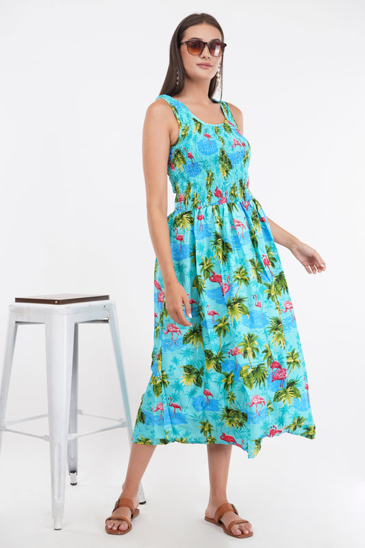Ocean Blue Long Smock Dress with Belt