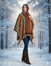 Bronze Contrast Check Cape with Faux Fur
