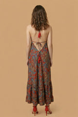 Backless Red Paisley Silk Long Dress