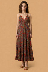 Backless Red Paisley Silk Long Dress