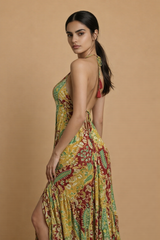 Backless Gold Paisley Silk Long Dress