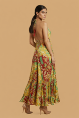 Backless Gold Paisley Silk Long Dress