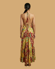 Backless Gold Paisley Silk Long Dress