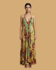 Backless Gold Paisley Silk Long Dress