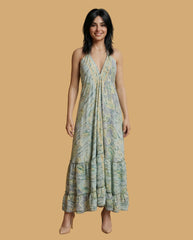 Backless Lavender Paisley Silk Long Dress