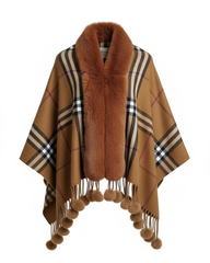 Bronze Contrast Check Cape with Faux Fur