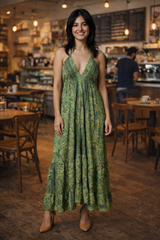 Backless Sage Paisley Silk Long Dress