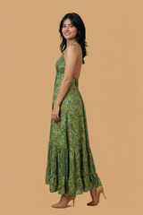 Backless Sage Paisley Silk Long Dress