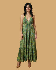 Backless Sage Paisley Silk Long Dress