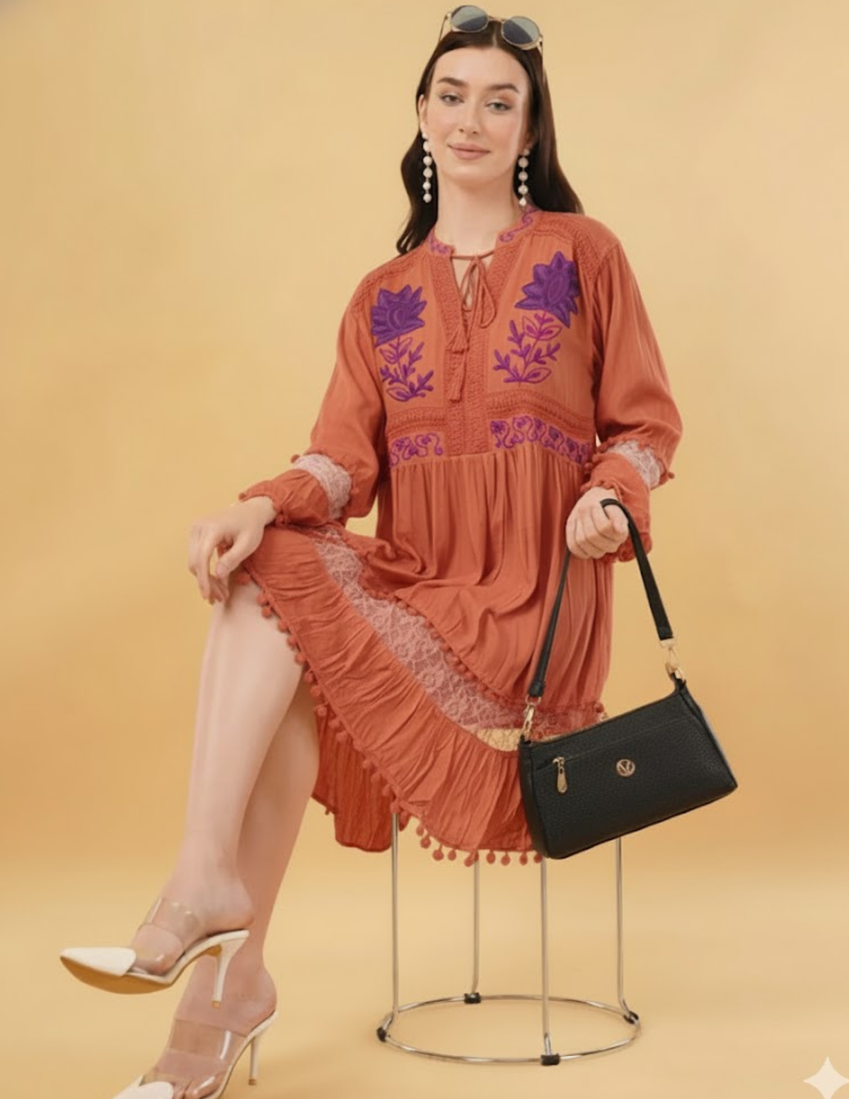 Liva Mocha Embroidered Floral Short Dress Relax Fit