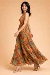 Backless Amber Paisley Silk Long Dress