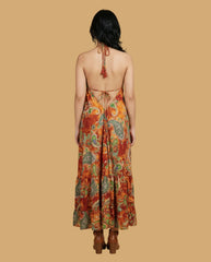 Backless Amber Paisley Silk Long Dress