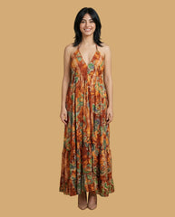 Backless Amber Paisley Silk Long Dress