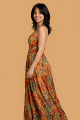 Backless Amber Paisley Silk Long Dress