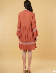 Liva Mocha Embroidered Floral Short Dress Relax Fit