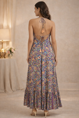 Backless Purple Paisley Silk Long Dress