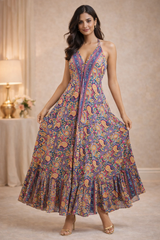 Backless Purple Paisley Silk Long Dress