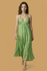 Backless Green Paisley Silk Long Dress