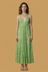 Backless Green Paisley Silk Long Dress