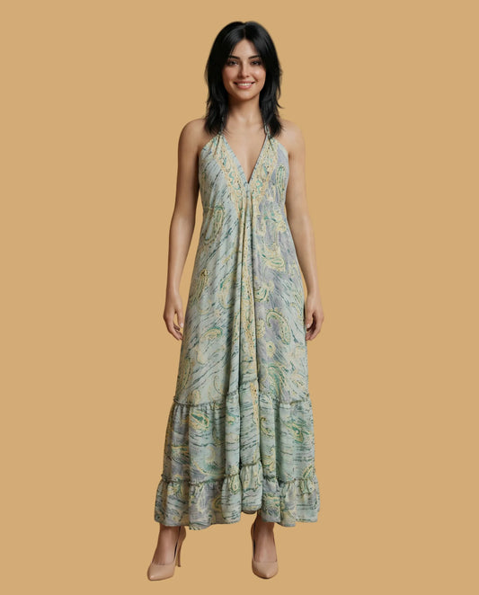 Backless Lavender Paisley Silk Long Dress