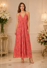 Backless Red Paisley Silk Long Dress