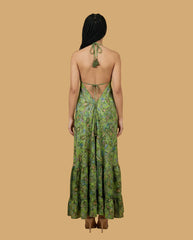 Backless Sage Paisley Silk Long Dress