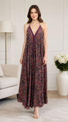 Backless Wine Paisley Silk Long Dress