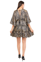 Black Marbal Flared Short Tier Dress with Strings                       