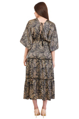 Black Marble Flared Long Tier Dress with Strings