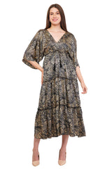 Black Marble Flared Long Tier Dress with Strings