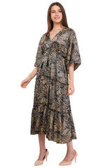 Black Marble Flared Long Tier Dress with Strings