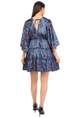 Blue Chain Flared Short Tier Dress with Strings                                              