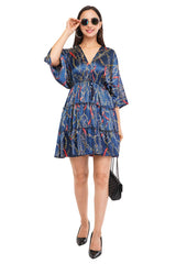 Blue Chain Flared Short Tier Dress with Strings                                              