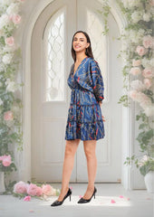 Blue Chain Flared Short Tier Dress with Strings                                              