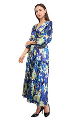 Blue Floral Flared Long Tier Dress with Strings                                 
