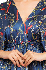 Blue Chain Flared Long Tier Dress with Strings