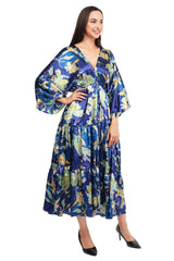 Blue Floral Flared Long Tier Dress with Strings                                 
