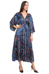 Blue Chain Flared Long Tier Dress with Strings