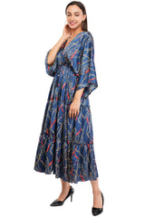Blue Chain Flared Long Tier Dress with Strings