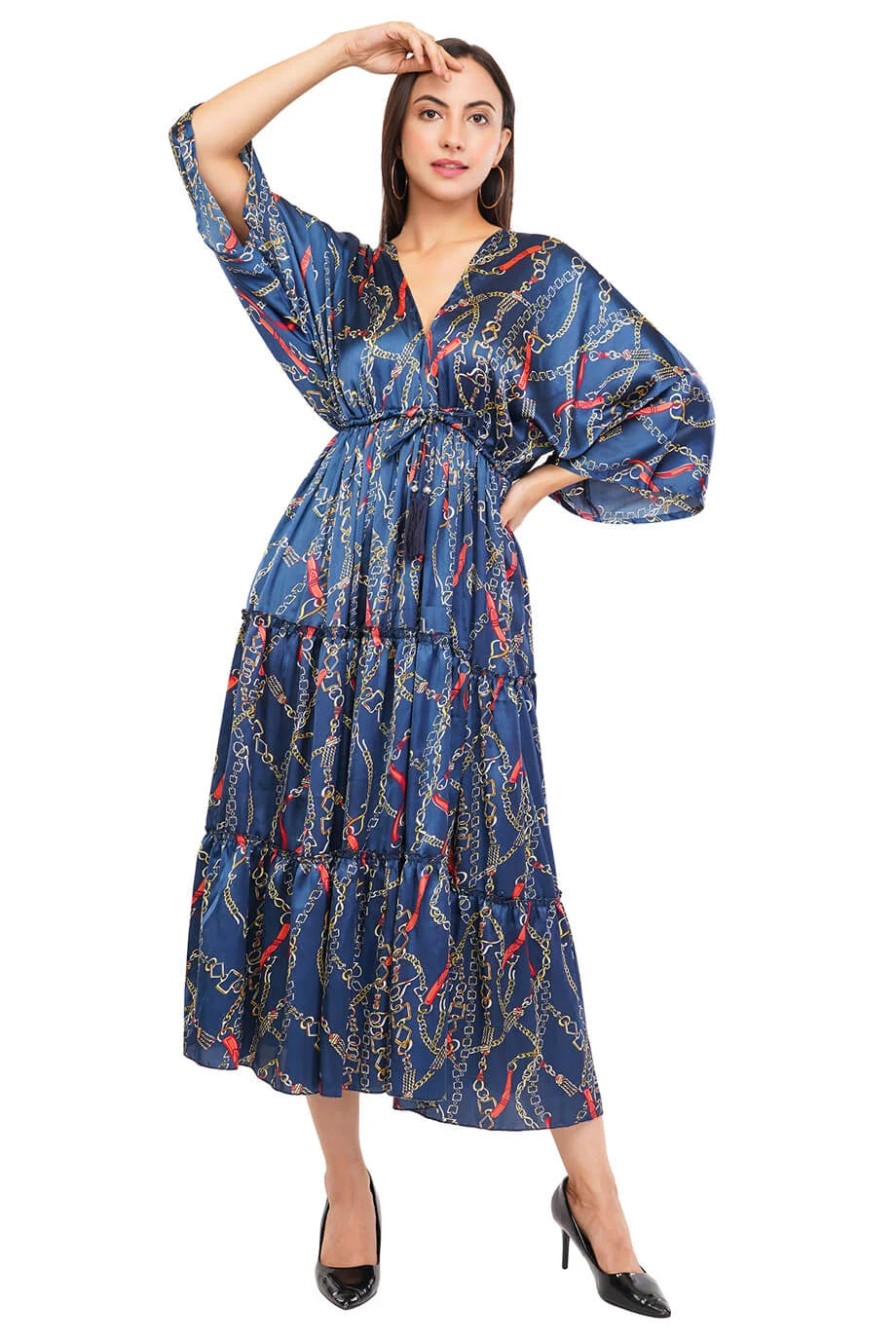 Blue Chain Flared Long Tier Dress with Strings