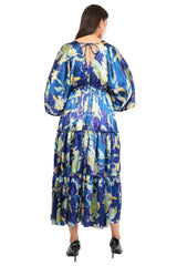 Blue Floral Flared Long Tier Dress with Strings                                 